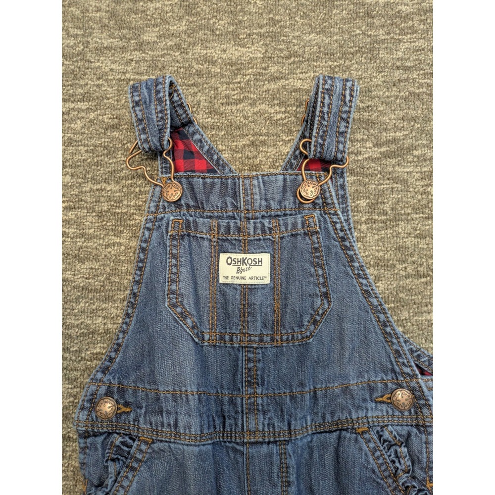 OshKosh B'gosh Denim Overalls Kid's 24M Blue Plaid Lined Adjustable Straps - Picture 3 of 8
